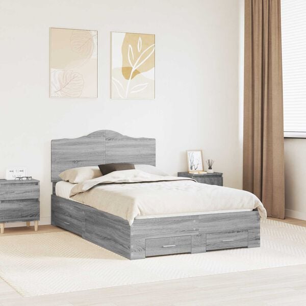 vidaXL Bed Frame with Drawer Grey Sonoma 120 x 190 cm Engineered Wood