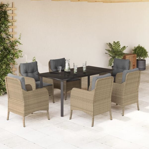 vidaXL 7 Piece Garden Dining Set with Cushions Beige Poly Rattan