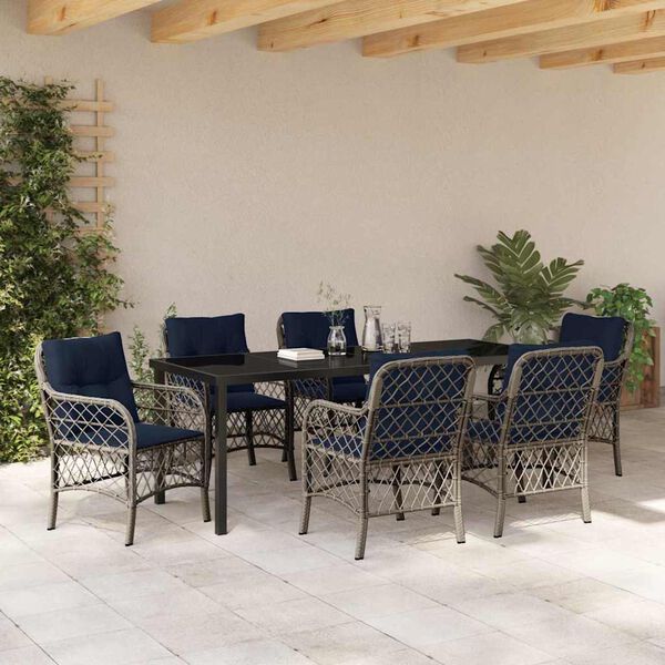 vidaXL Garden Dining Set with Cushion 7 pcs Grey and Black Rattan
