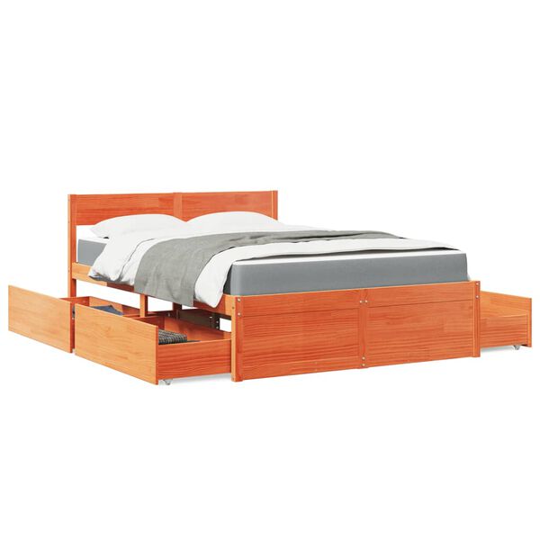 vidaXL Bed with Drawers and Mattress Wax Brown 120x190 cm Small Double Solid Wood Pine