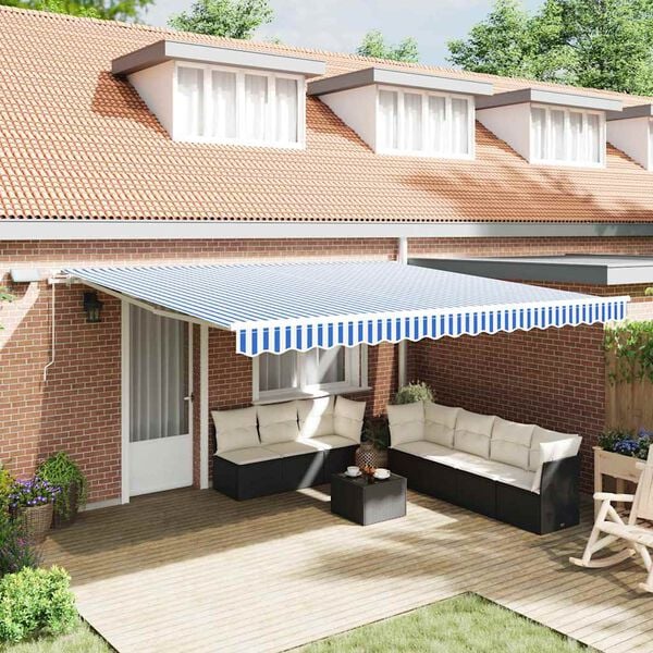 vidaXL Retractable Awning Manual Blue and White 450 x 300 cm