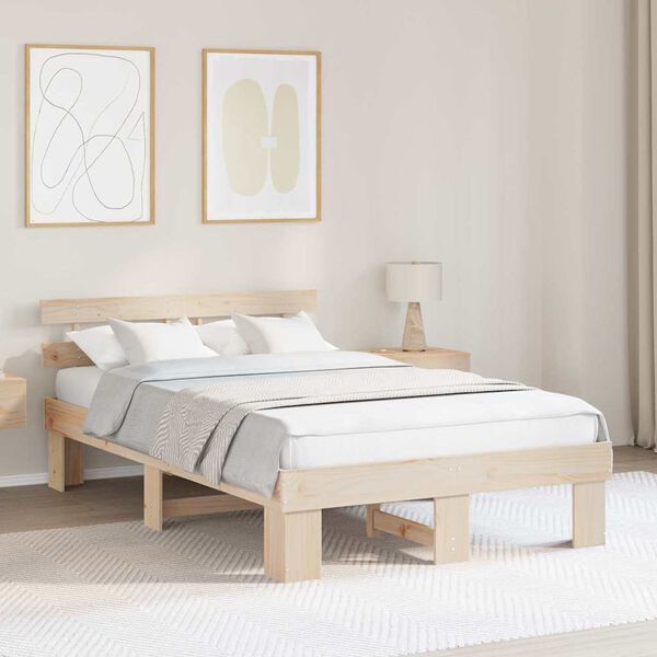 vidaXL Bed Frame with Headboard Natural 135 x 190 cm Solid Pine Wood