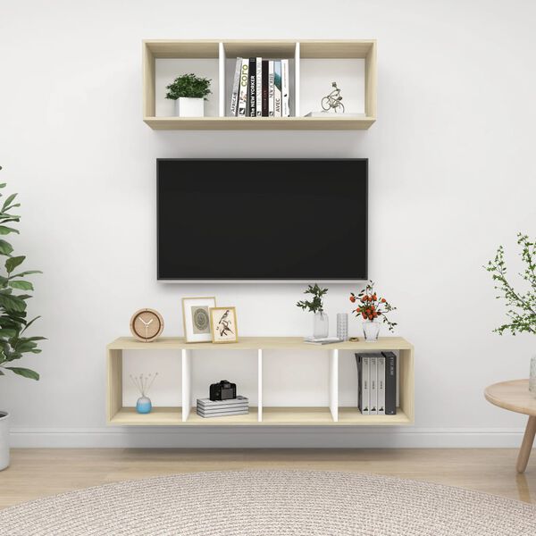 vidaXL 2 Piece TV Cabinet Set White and Sonoma Oak Engineered Wood