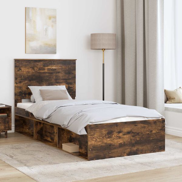 vidaXL Bed Frame with Headboard Smoked Oak 75 x 190 cm Solid Pine Wood