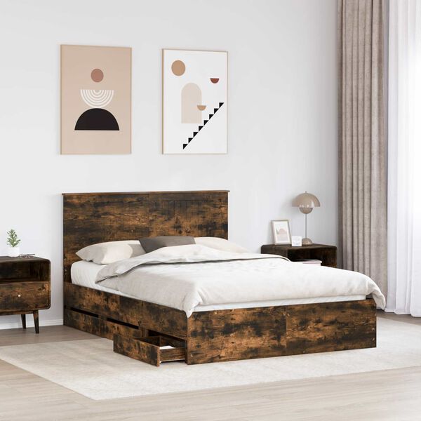 vidaXL Bed Frame with Drawer Smoked Oak 135 x 190 cm Engineer Wood