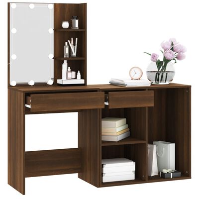 vidaXL LED Dressing Table with Cabinet Brown Oak Engineered Wood