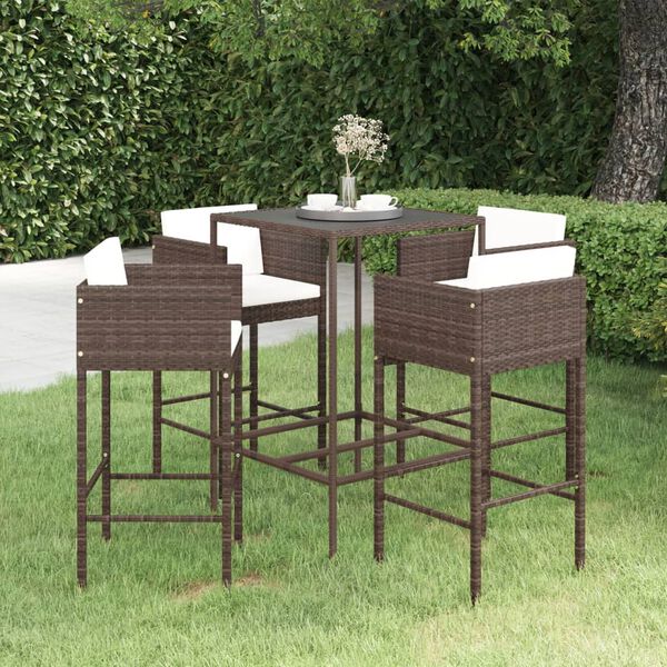 vidaXL 5 Piece Garden Bar Set with Cushions Poly Rattan Brown