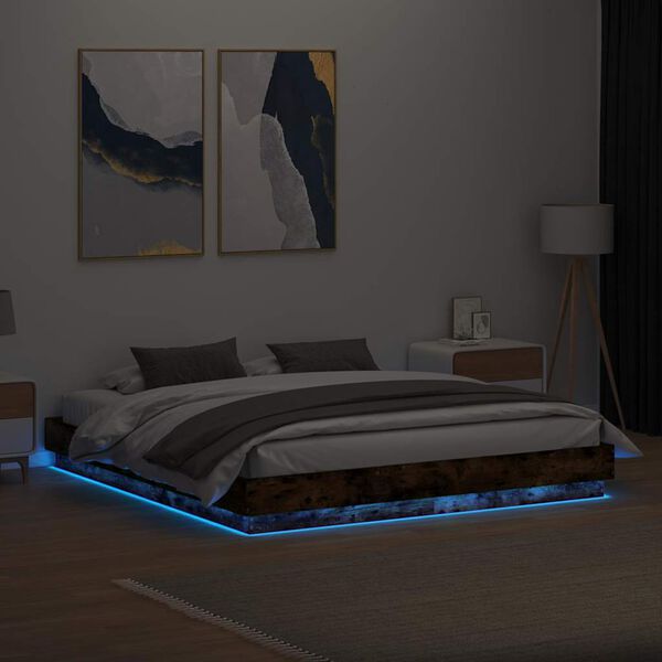 vidaXL Bed Frame with LED without Mattress Smoked Oak 180x200 cm Super King
