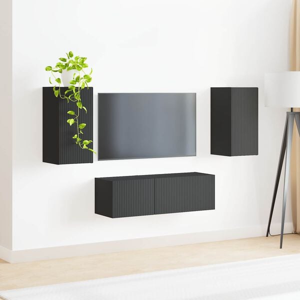 vidaXL TV Wall Cabinet Set Wall-mounted 4 pcs Black Engineered Wood