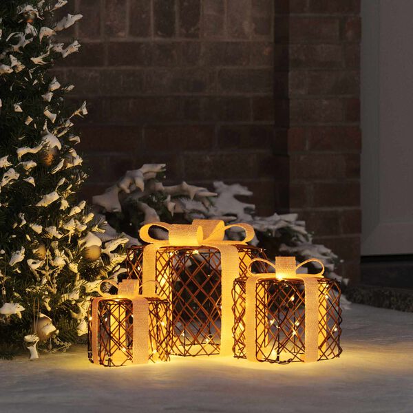 vidaXL Gift Box with 60 LEDs 3 pcs Warm white 20 x 20 x 20 cm Rattan