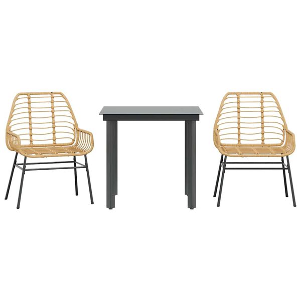 vidaXL 3 Piece Garden Dining Set Brown Poly Rattan Glass