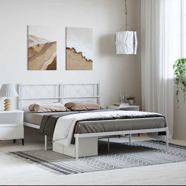 vidaXL Metal Bed Frame without Mattress with Headboard White 135x190cm