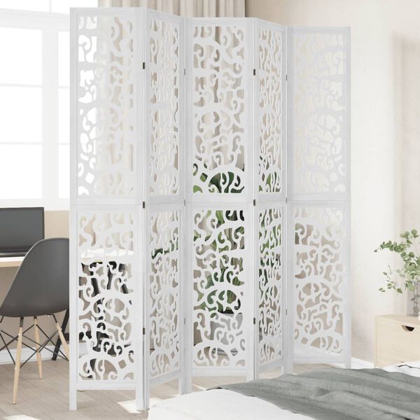 vidaXL Room Divider 5 Panels White Solid Wood Paulownia