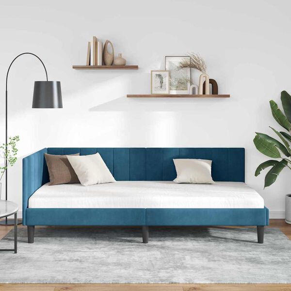 vidaXL Corner Bed Frame with Headboard Blue 90 cm x 190 cm Velvet