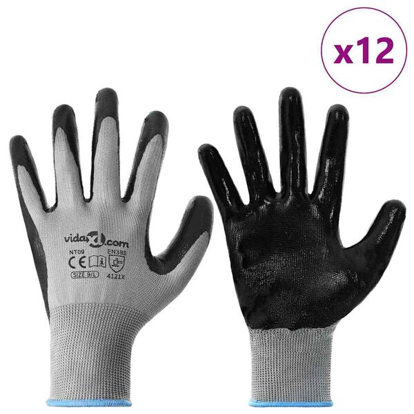 vidaXL Work Gloves 12 pcs Grey and Black 9 / L Polyester