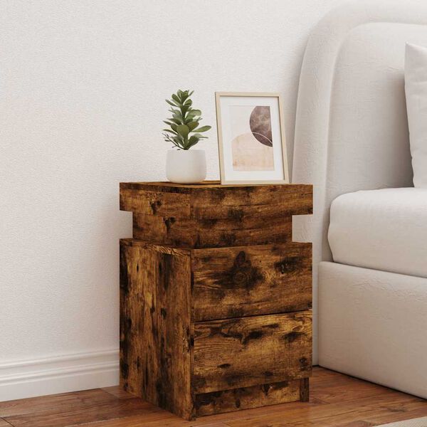 vidaXL Bedside Cabinet with LED Lights Smoked Oak 35x39x55 cm