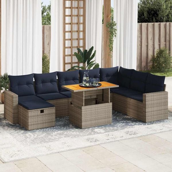 vidaXL 9 Piece Garden Sofa Set with Cushions Grey Poly Rattan Acacia