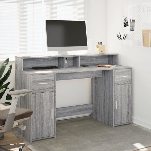 vidaXL Desk with LED Lights Grey Sonoma 140x55x91 cm Engineered Wood