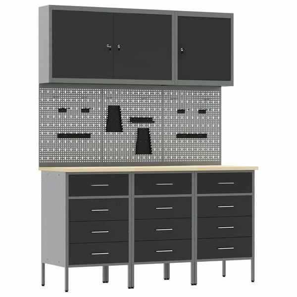 vidaXL Work Cabinet with Drawer 8 pcs Black Engineered Wood and Steel
