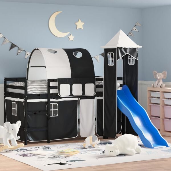 vidaXL Kids' Loft Bed with Tower without Mattress White&Black 90x190cm
