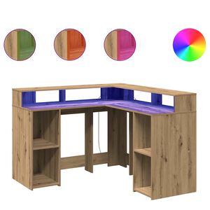 vidaXL Desk with LED Lights Artisian Oak 130x130x91 cm Engineered Wood