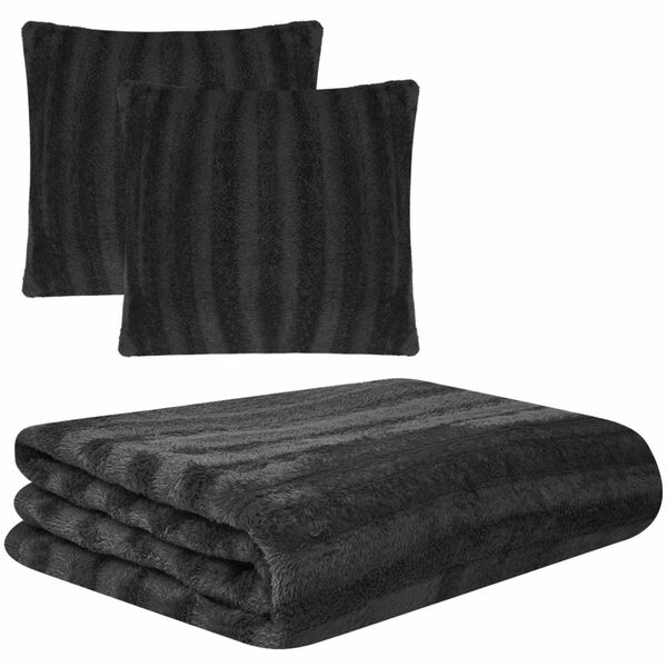 vidaXL Blanket and Throw Pillow Striped Black 200 x 150 cm Polyester