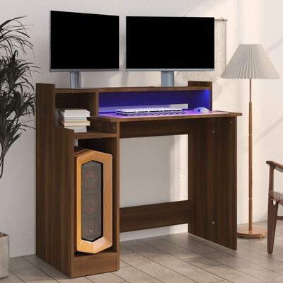 vidaXL Desk with LED Lights Brown Oak 97x45x90 cm Engineered Wood