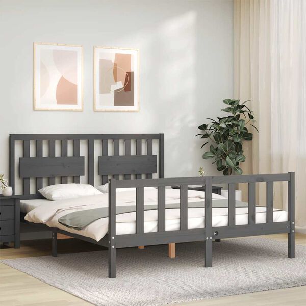 vidaXL Bed Frame without Mattress Grey King Size Solid Wood Pine