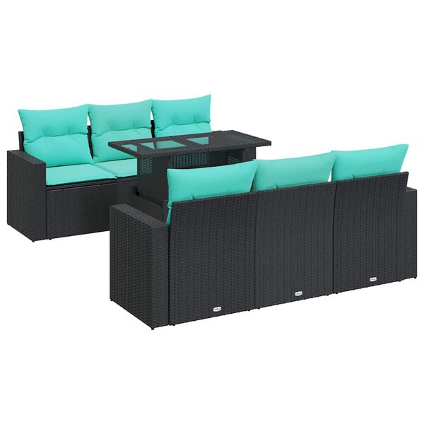 vidaXL 7 Piece Garden Sofa Set with Cushions Black Poly Rattan Acacia