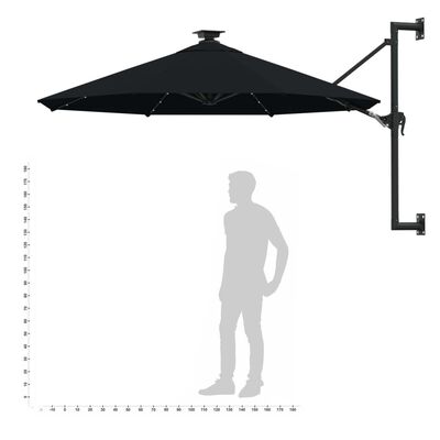 vidaXL Wall-mounted Parasol with LEDs and Metal Pole 300 cm Black