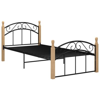 vidaXL Bed Frame Black Metal and Solid Oak Wood 90x200 cm