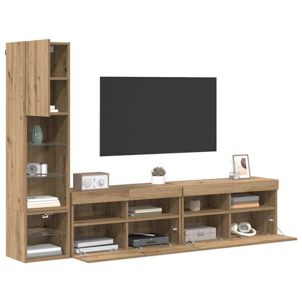 vidaXL TV Wall Unit with LED 4 pcs Artisan Oak Engineered Wood