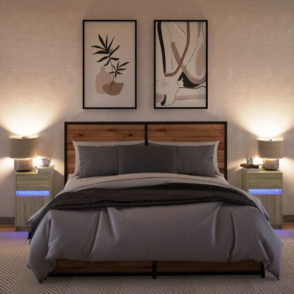 vidaXL Bedside Cabinets with LED Lights 2 pcs Sonoma Oak Engineered Wood