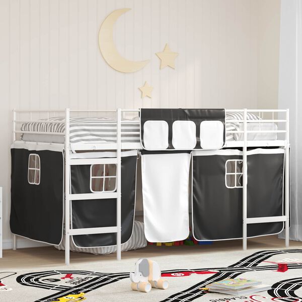 vidaXL Kids'Loft Bed Frame with Curtains White and Black 90 x 201 cm