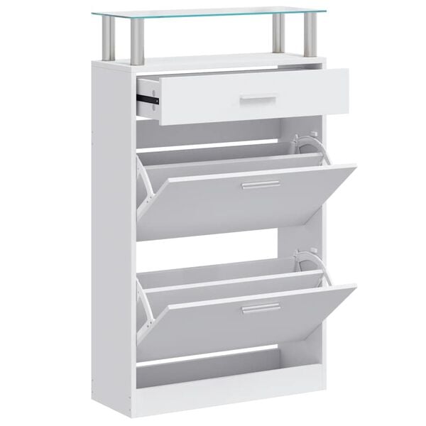 vidaXL Shoe Cabinet with a Drawer and a Top Glass Shelf Wood White