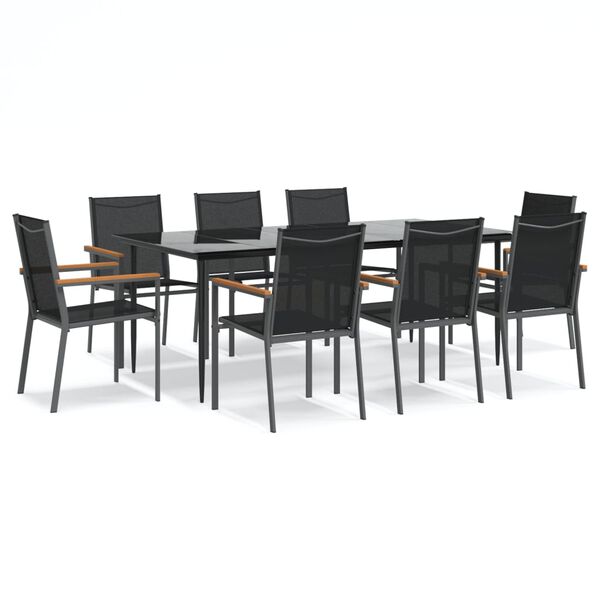 vidaXL 9 Piece Garden Dining Set Black Textilene and Steel