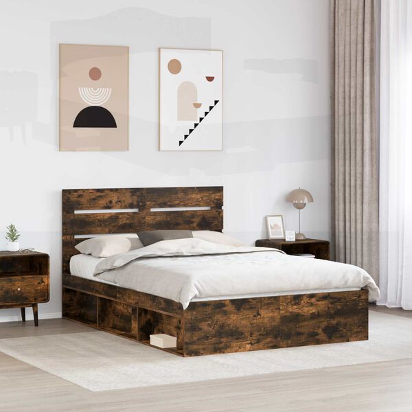 vidaXL Bed Frame Smoked Oak 140 x 200 cm Solid Pine Wood