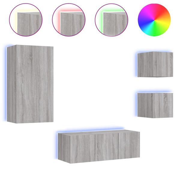 vidaXL 5 Piece TV Wall Units with LED Grey Sonoma Engineered Wood