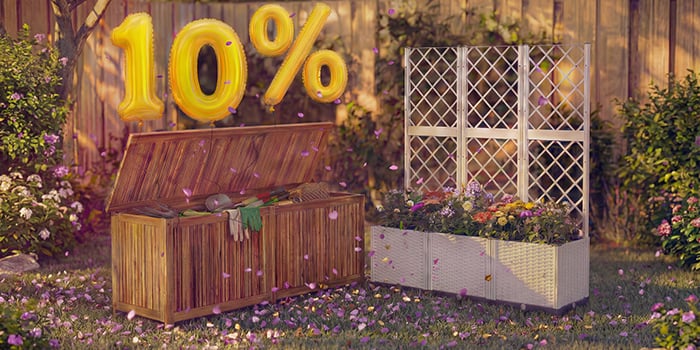 Garden storage box with tools and a planter with trellis and flowers in a backyard setting, surrounded by pink confetti and golden 10% discount balloons, highlighting a seasonal sale on garden storage and planters.