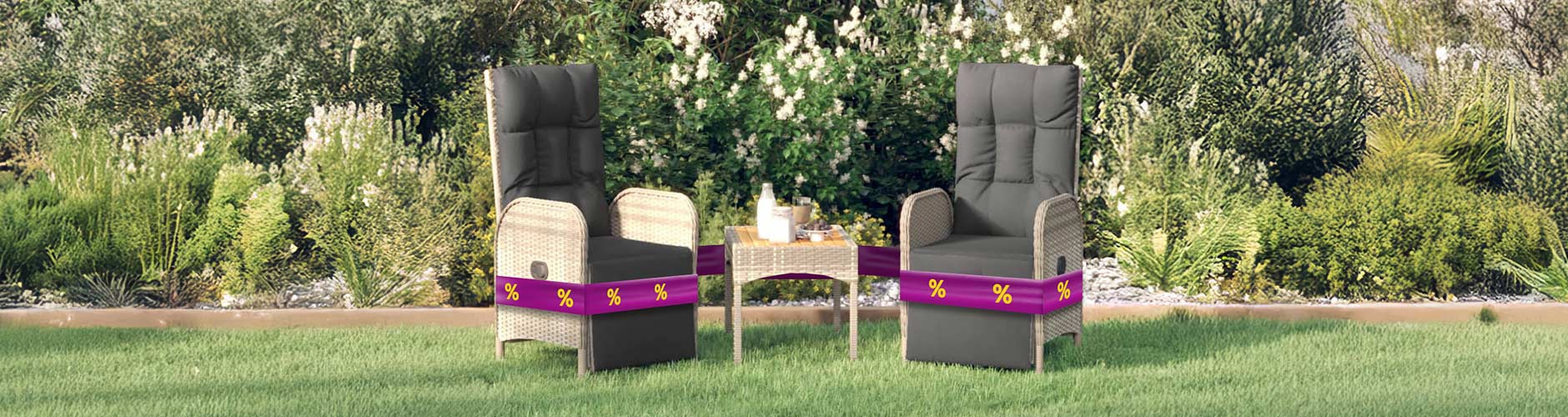 Rattan armchairs and table on garden lawn with purple promotional bands and yellow discount icons.