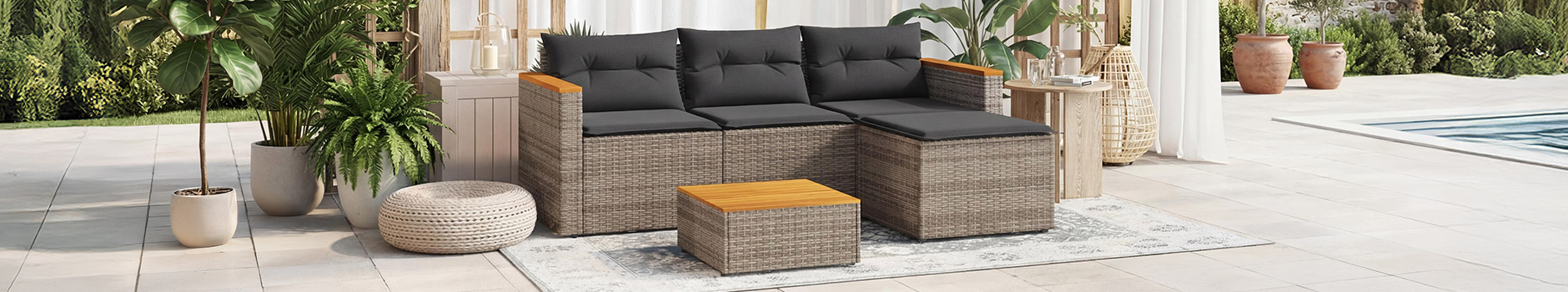 Rattan 3-piece sofa set with cushions and coffee table for outdoor use. Click to shop the collection.