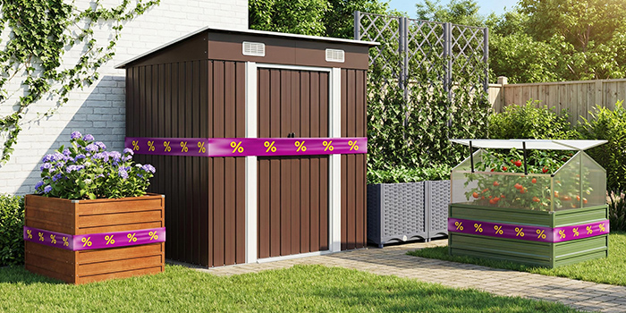 Black outdoor storage box with wooden top and purple ribbon showing discount icons, in a garden setting. Click to shop the products in the offer.