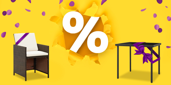 Black dining table and upholstered black chair with purple ribbon against yellow background with purple confetti and large discount symbol. Click to see the products in the offer.