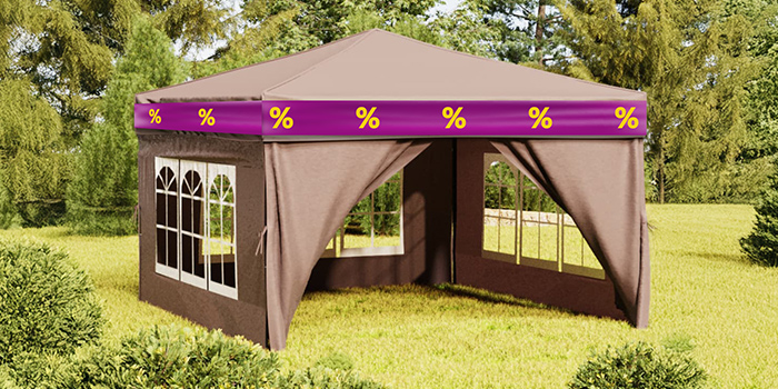Tent in a green outdoor setting, wrapped in a purple promotional band with yellow discount icons. Click to see the products in the offer.