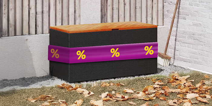 Black outdoor storage box with wooden top and purple ribbon showing discount icons, in a garden setting. Click to shop the products in the offer.