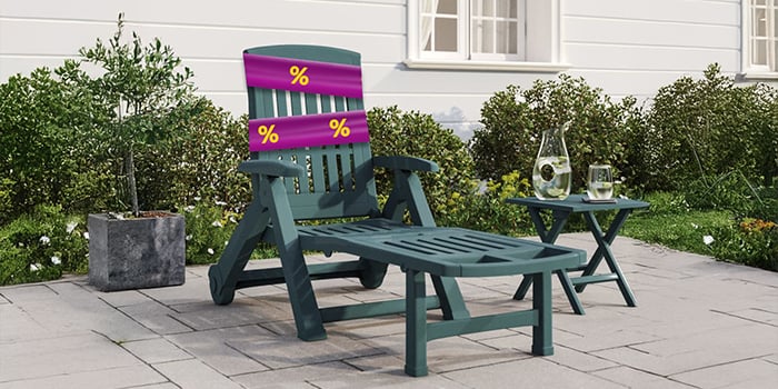 Green plastic sun lounger and matching table on a patio, lounger wrapped in a purple promotional band with yellow discount icons. Click to see the products in the offer.