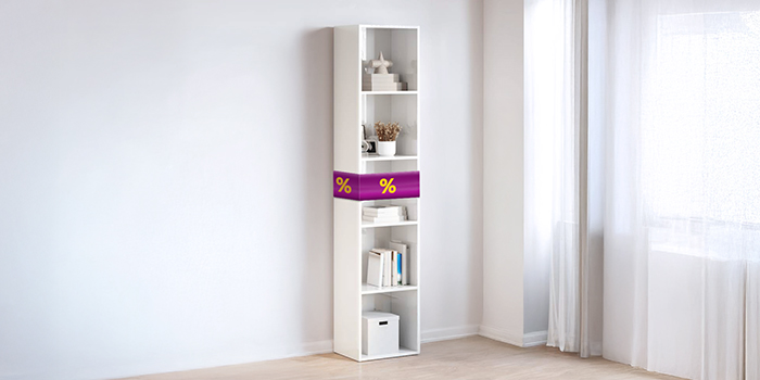 Tall white bookcase with purple ribbon showing discount icons, in a styled room. Click to shop the products in the offer.