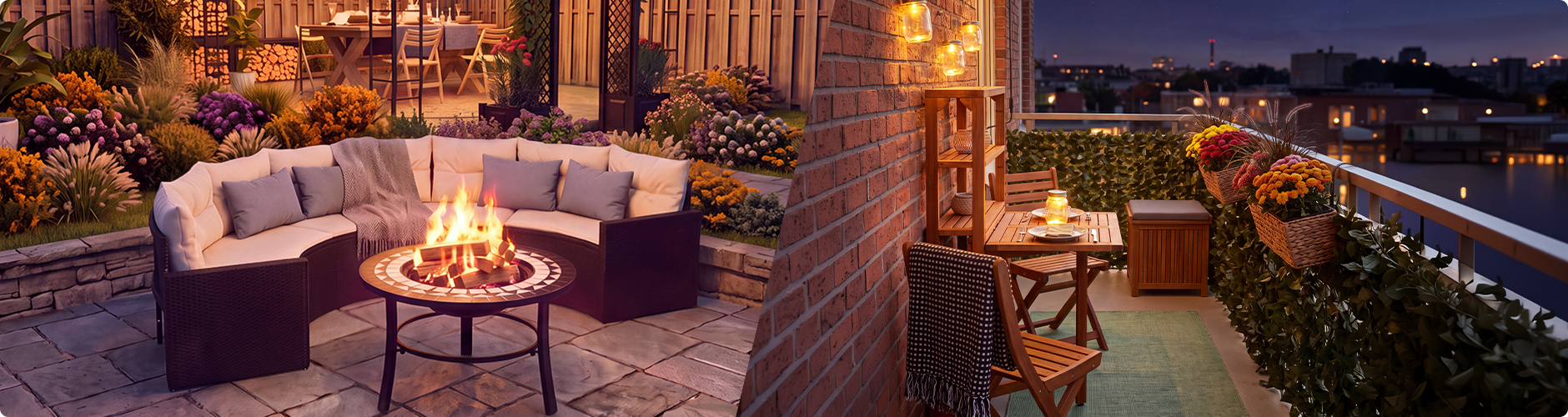 Cozy outdoor living spaces at dusk, featuring a garden lounge set with a fire pit and a flower-filled gazebo on one side, and a decorated balcony with wooden furniture, lantern lighting, and potted flowers overlooking a city skyline on the other.