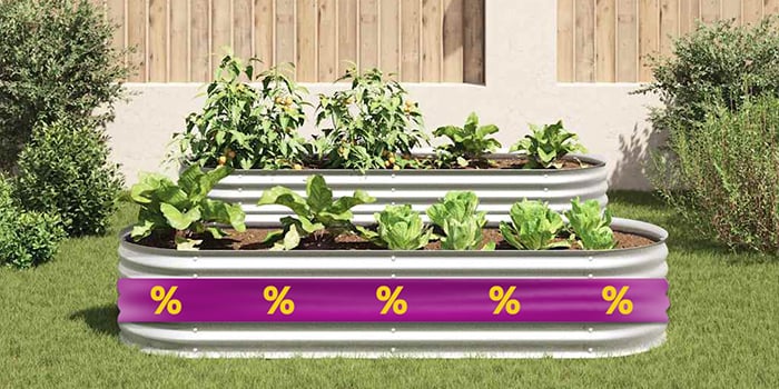 Steel raised beds with vegetables in a garden, with a purple promotional band and yellow discount icons. Click to see the products in the offer.