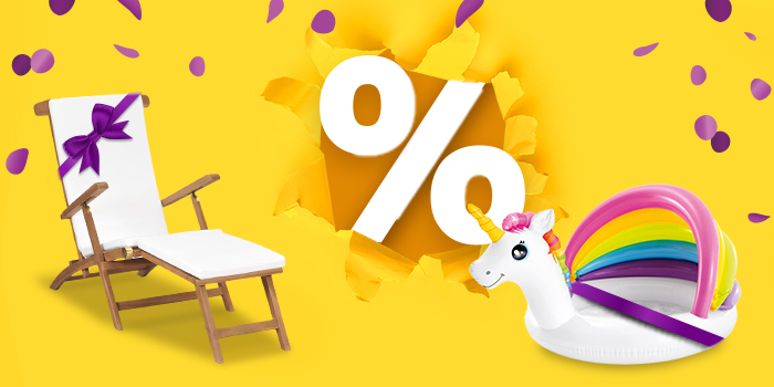 Wooden beach chair with white cushion and white inflatable unicorn float with rainbow mane and purple ribbons. Everything against yellow background with purple confetti and large discount symbol. Click to see the products in the offer.